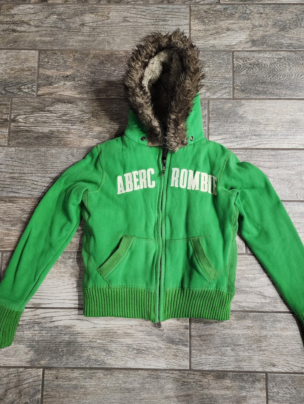 Vintage Y2K Abercrombie & Fitch Faux Fur green zip hoodie Womens Large